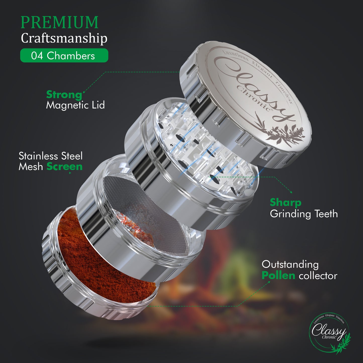 Polished Silver Stainless Steel Grinder – Sleek Minimalist Finish