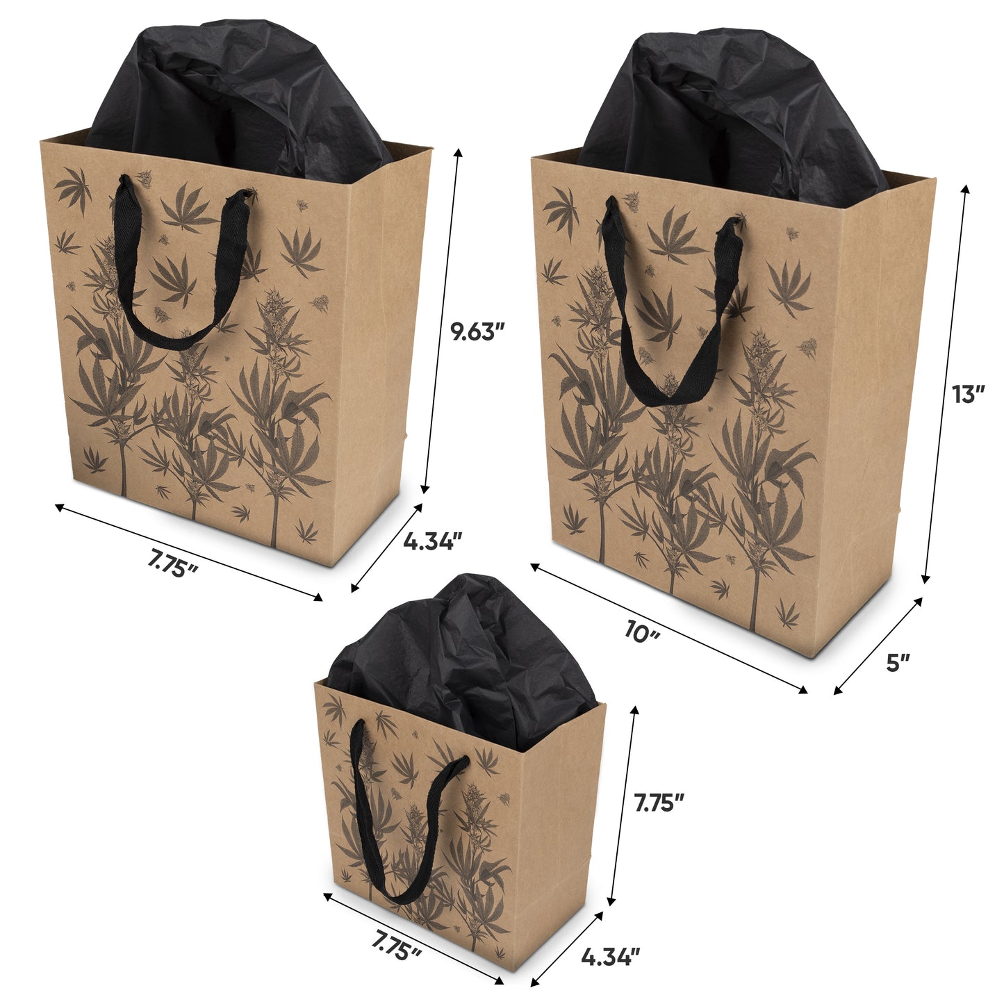 Eco Luxe Cannabis Botanical Gift Bag Set – Kraft Paper with Recycled Black Tissue