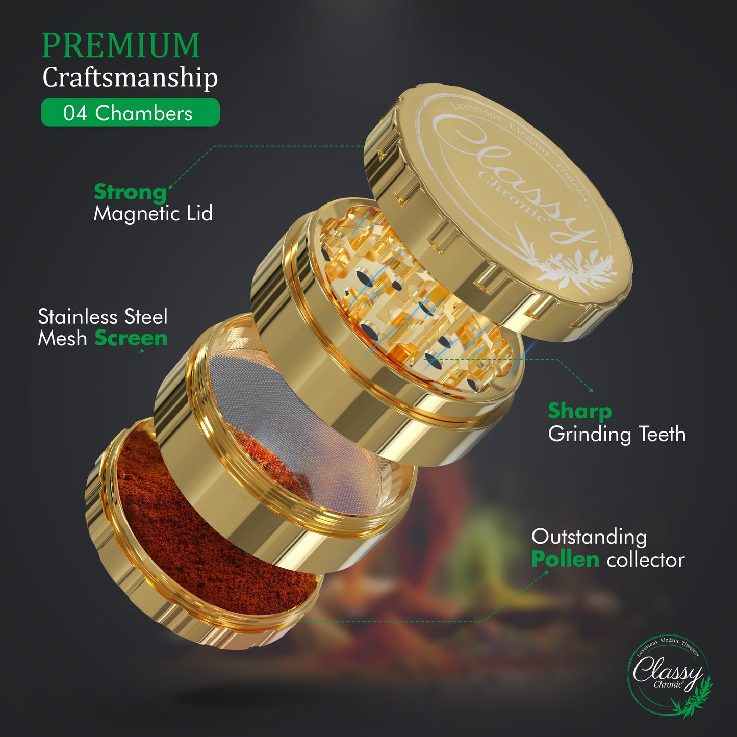 Gold Luxe Stainless Steel Grinder – 4-Piece Premium Design
