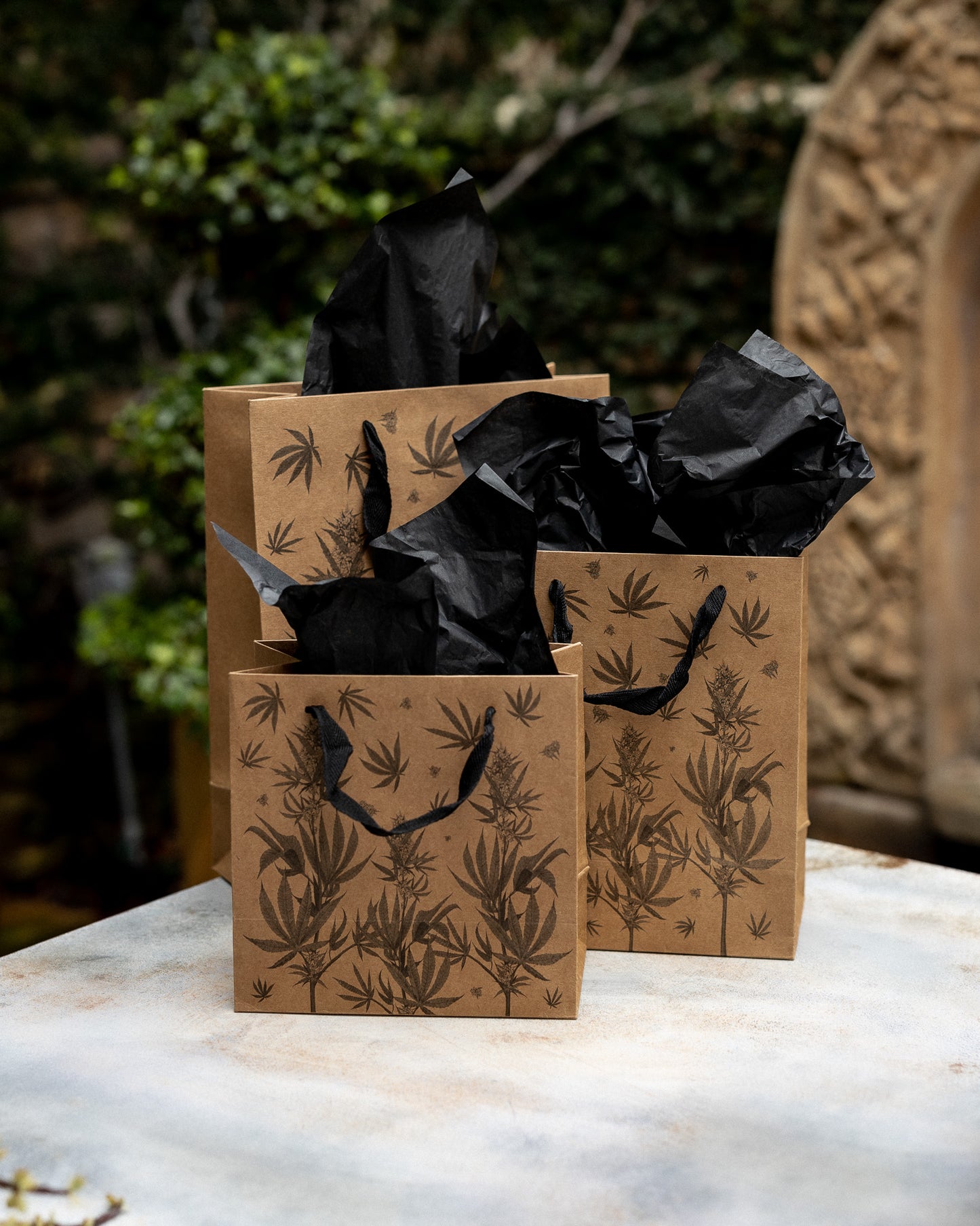 Eco Luxe Cannabis Botanical Gift Bag Set – Kraft Paper with Recycled Black Tissue