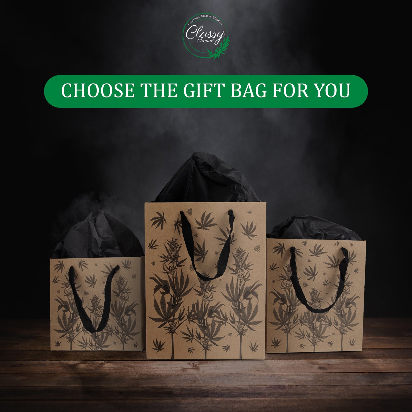 Eco Luxe Cannabis Botanical Gift Bag Set – Kraft Paper with Recycled Black Tissue