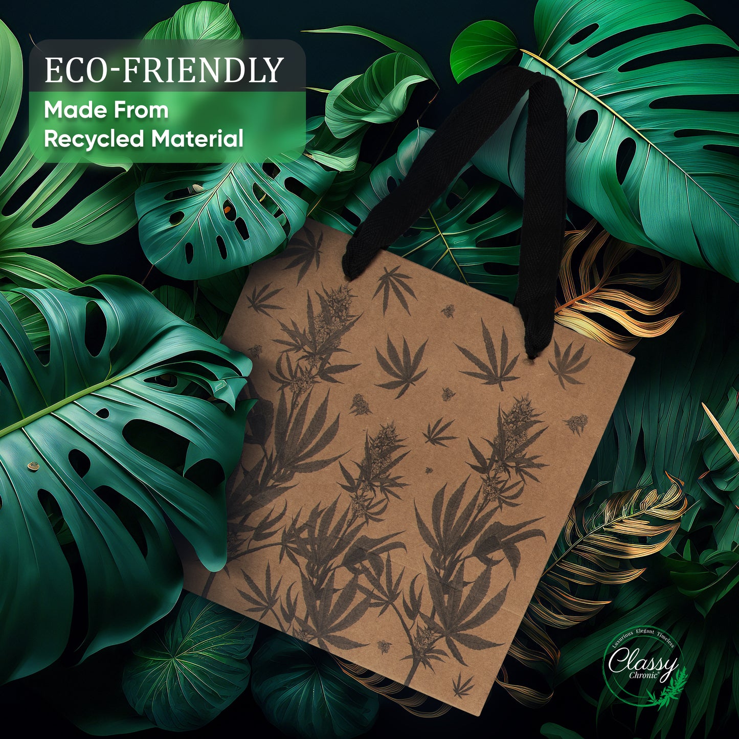 Eco Luxe Cannabis Botanical Gift Bag Set – Kraft Paper with Recycled Black Tissue
