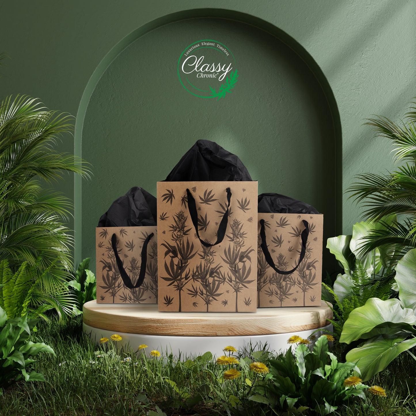 Eco Luxe Cannabis Botanical Gift Bag Set – Kraft Paper with Recycled Black Tissue