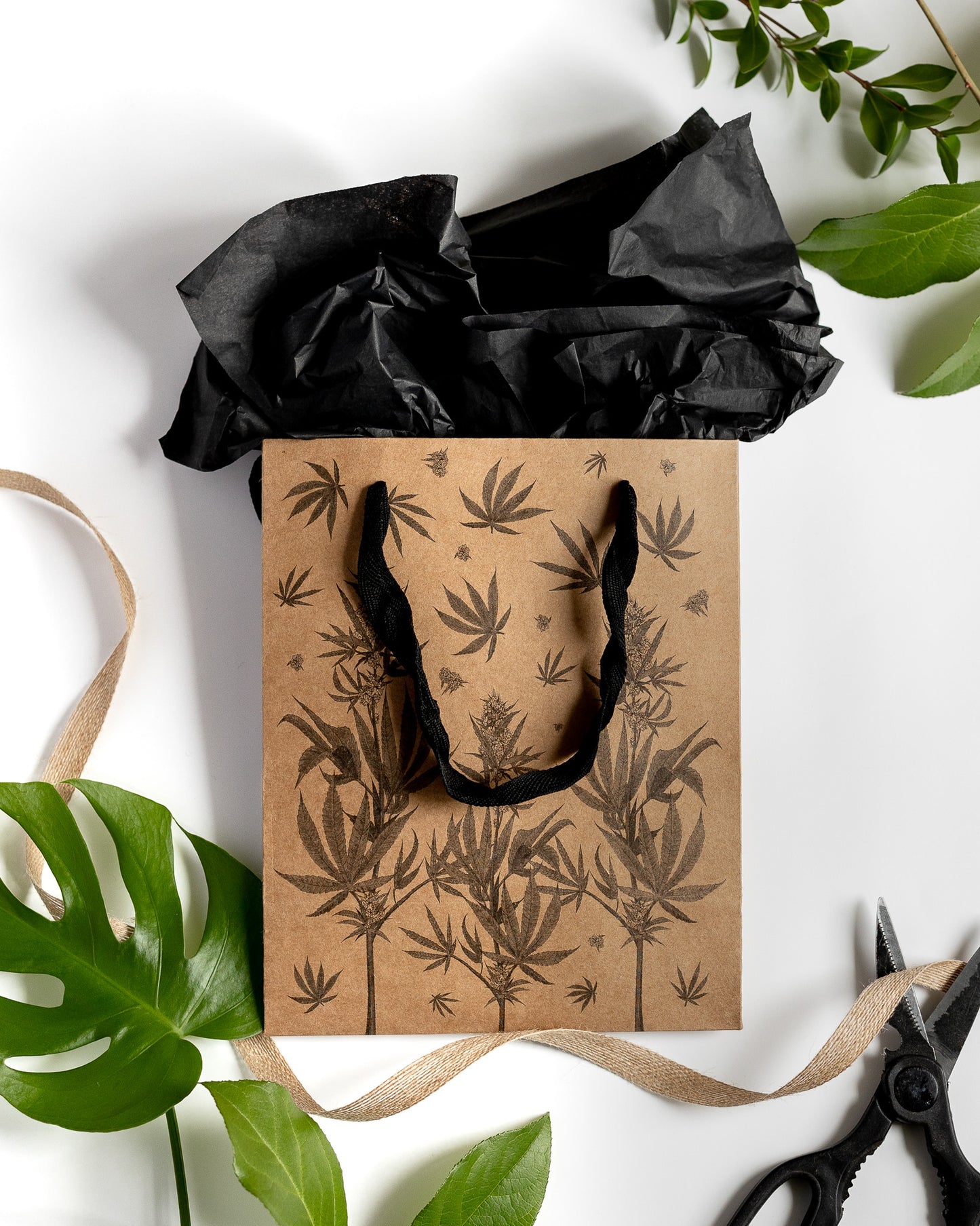Eco Luxe Cannabis Botanical Gift Bag Set – Kraft Paper with Recycled Black Tissue