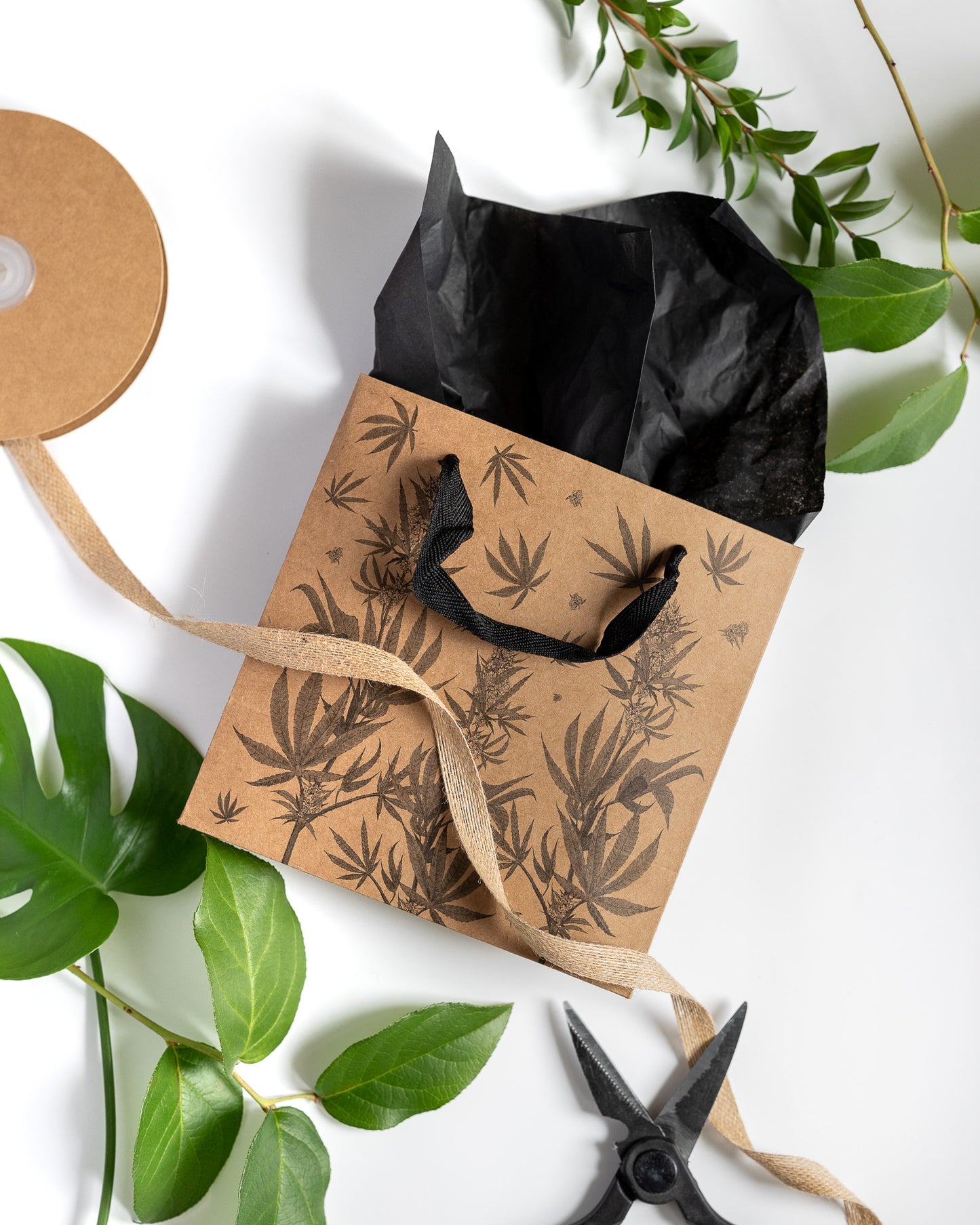 Eco Luxe Cannabis Botanical Gift Bag Set – Kraft Paper with Recycled Black Tissue
